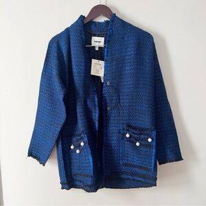 Koton Blue/Black Plaid Tweed Midi Lightweight Coat Formal Pearl Accents NEW